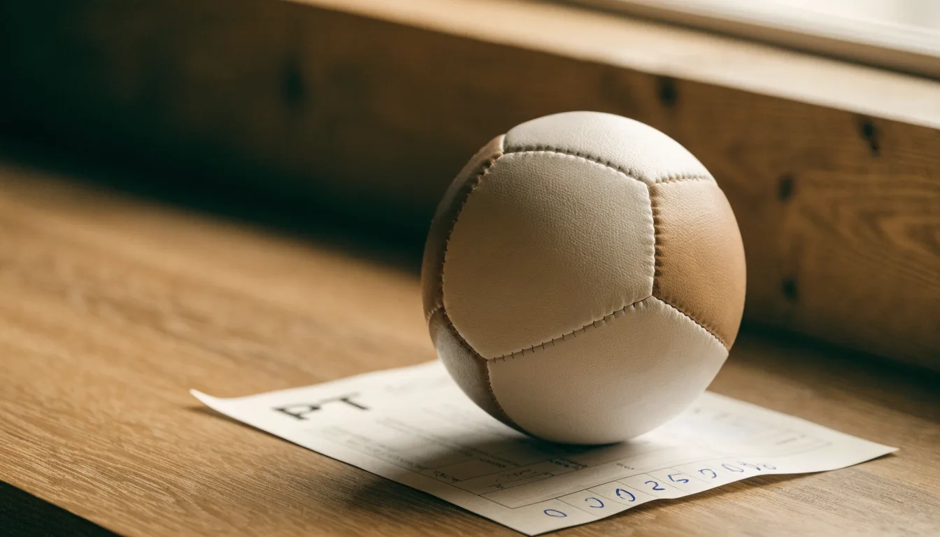 Uma bola de futebol pousada sobre um talão de apostas em branco numa mesa de madeira, à luz do dia