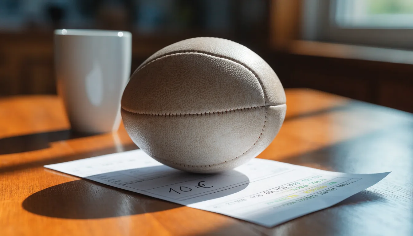 Uma bola de futebol pousada sobre um talão de apostas em branco numa mesa de madeira, à luz do dia