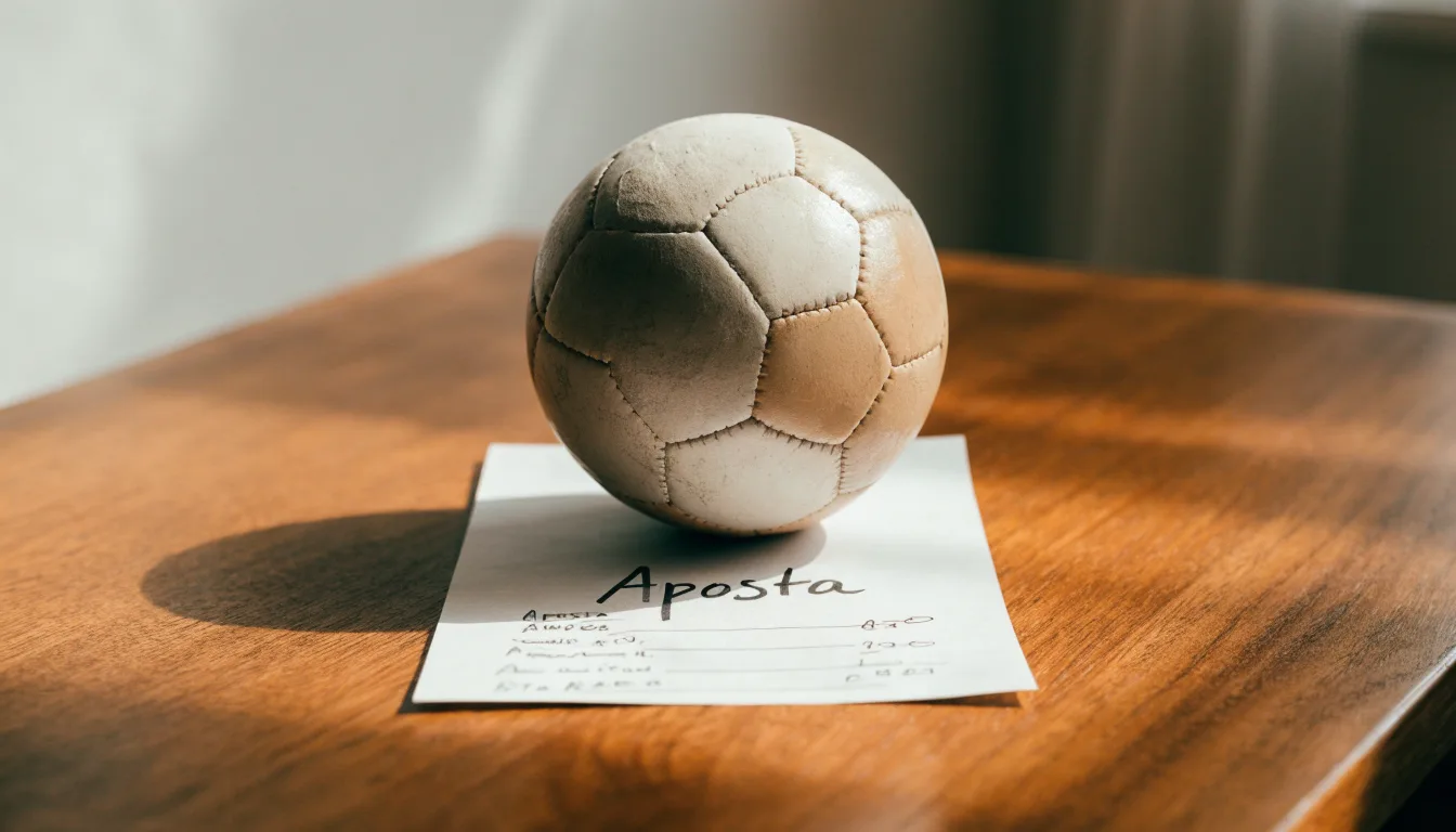 Uma bola de futebol pousada sobre um talão de apostas em branco numa mesa de madeira, à luz do dia