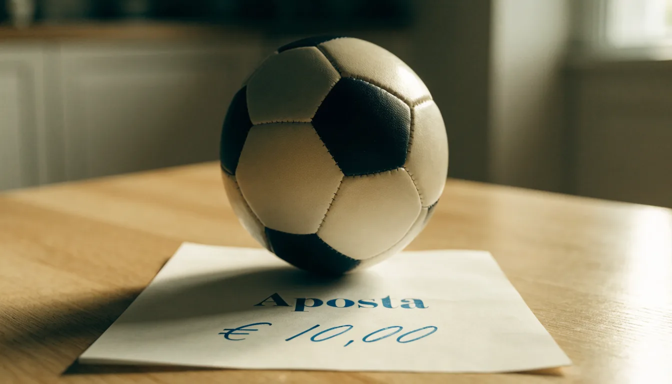 Uma bola de futebol pousada sobre um talão de apostas em branco numa mesa de madeira, à luz do dia