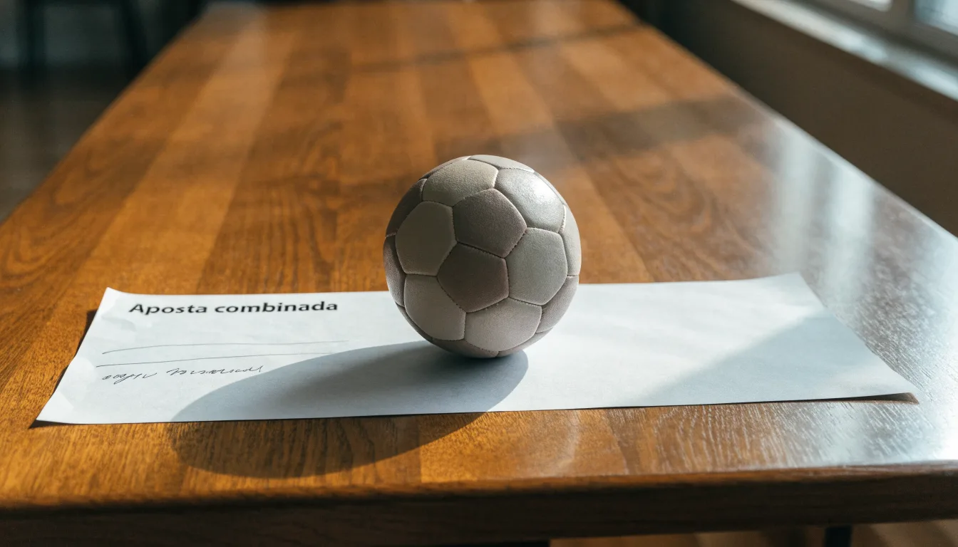 Uma bola de futebol pousada sobre um talão de apostas em branco numa mesa de madeira, à luz do dia