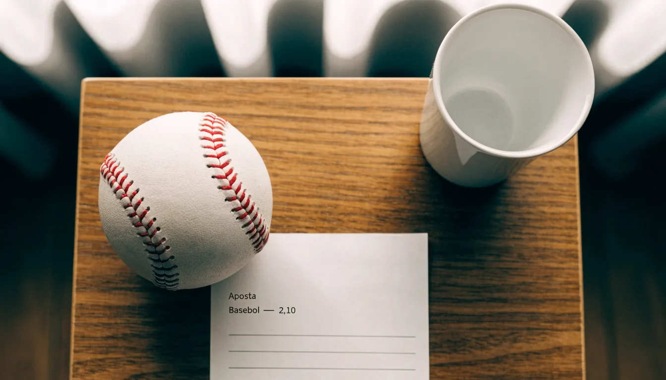 Uma bola de futebol pousada sobre um talão de apostas em branco numa mesa de madeira, à luz do dia