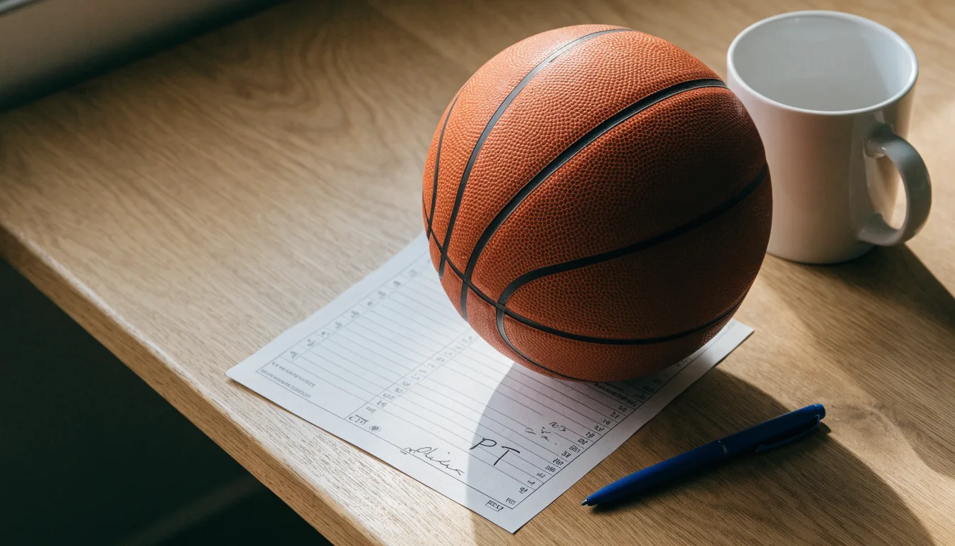 Uma bola de futebol pousada sobre um talão de apostas em branco numa mesa de madeira, à luz do dia