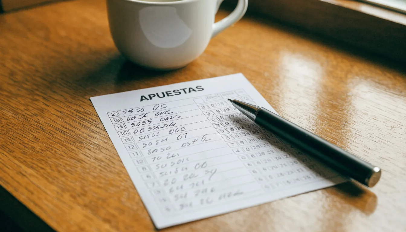 Uma bola de futebol pousada sobre um talão de apostas em branco numa mesa de madeira, à luz do dia