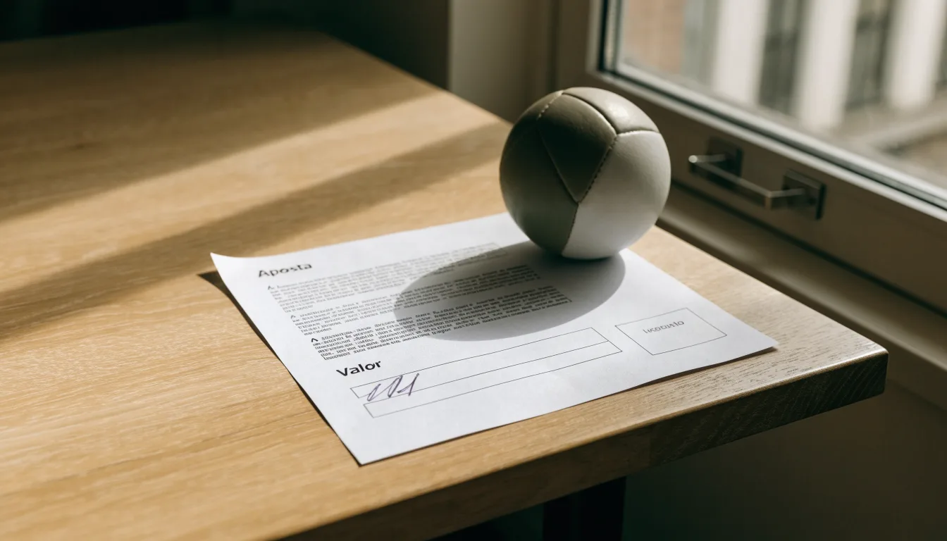 Uma bola de futebol pousada sobre um talão de apostas em branco numa mesa de madeira, à luz do dia