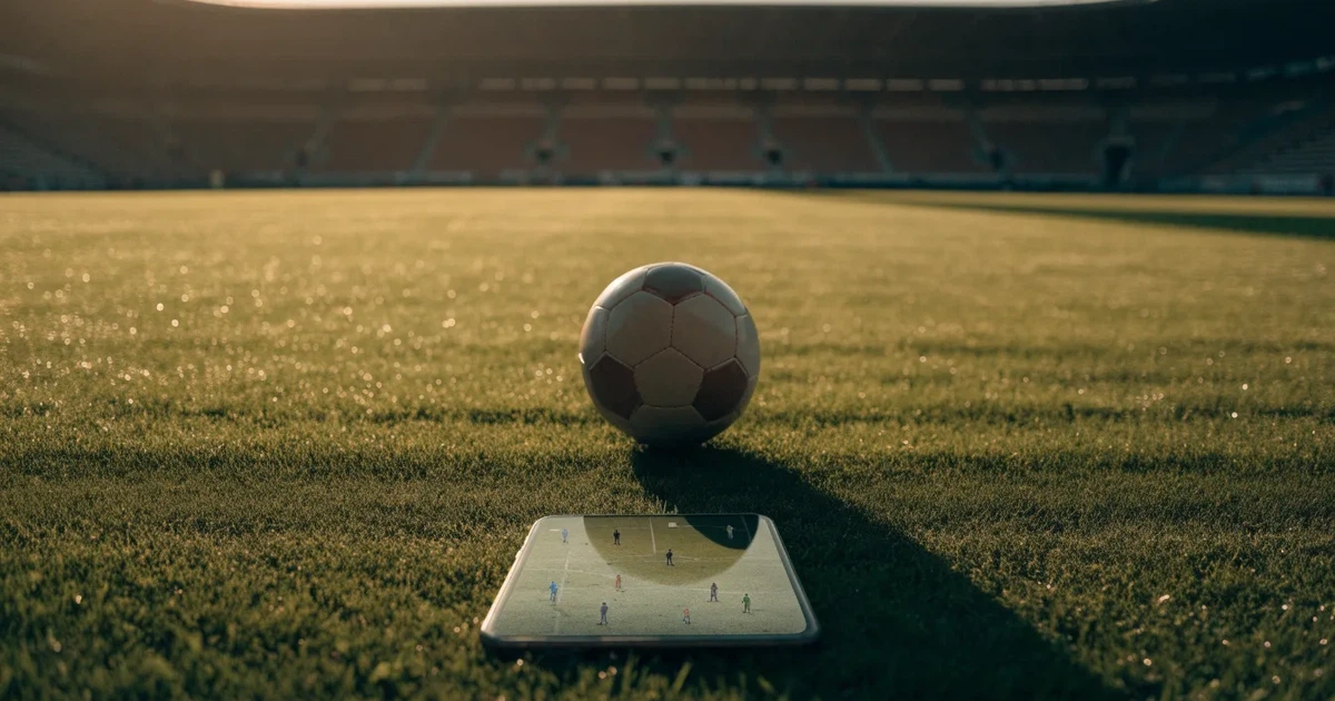 Uma bola de futebol no ponto central de um relvado, à luz da manhã
