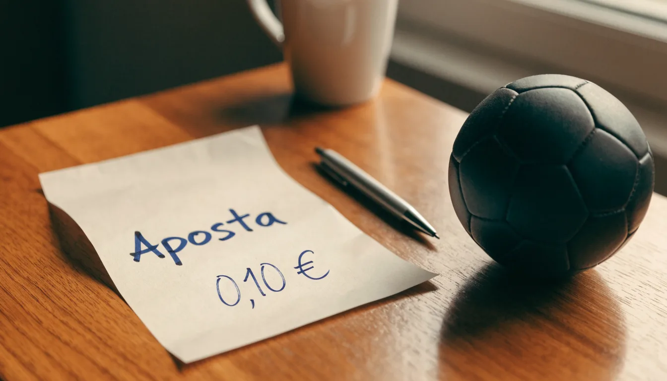 Uma bola de futebol pousada sobre um talão de apostas em branco numa mesa de madeira, à luz do dia