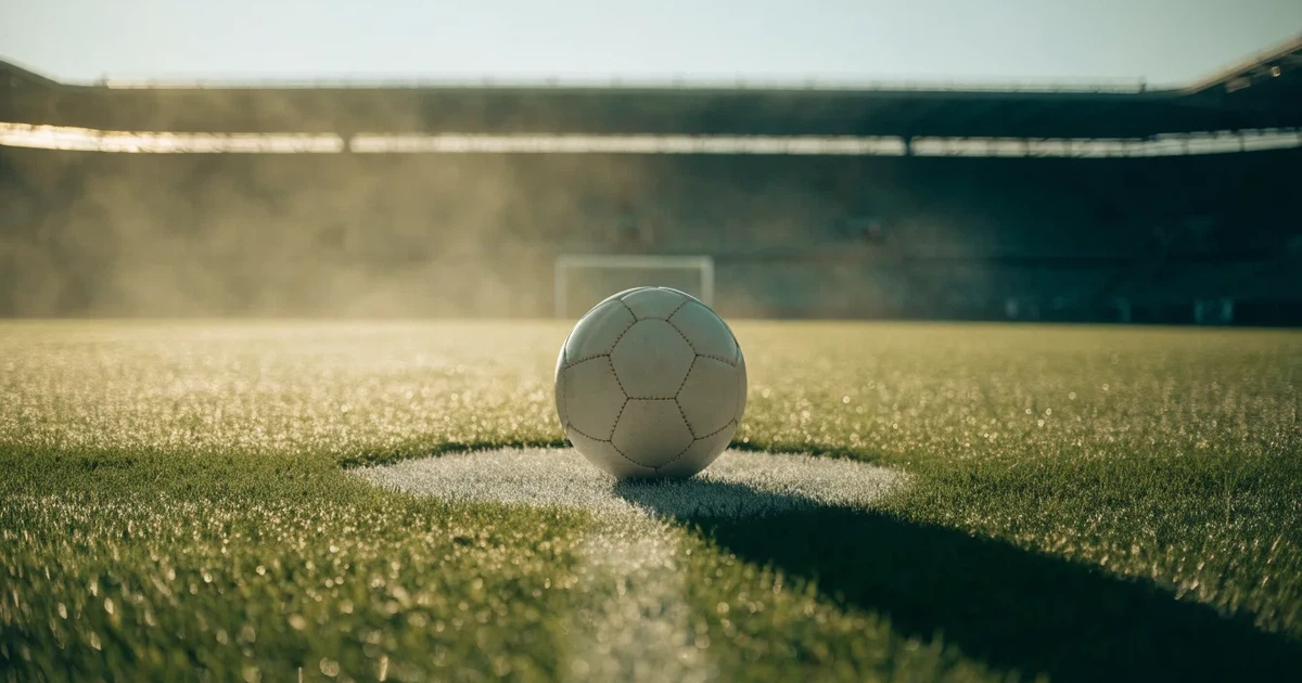 Uma bola de futebol no ponto central de um relvado, à luz da manhã
