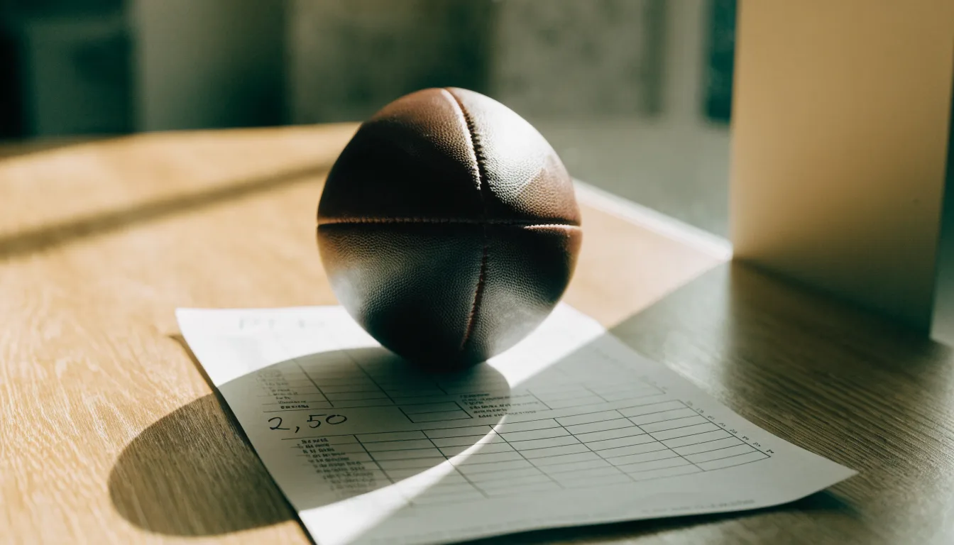 Uma bola de futebol pousada sobre um talão de apostas em branco numa mesa de madeira, à luz do dia