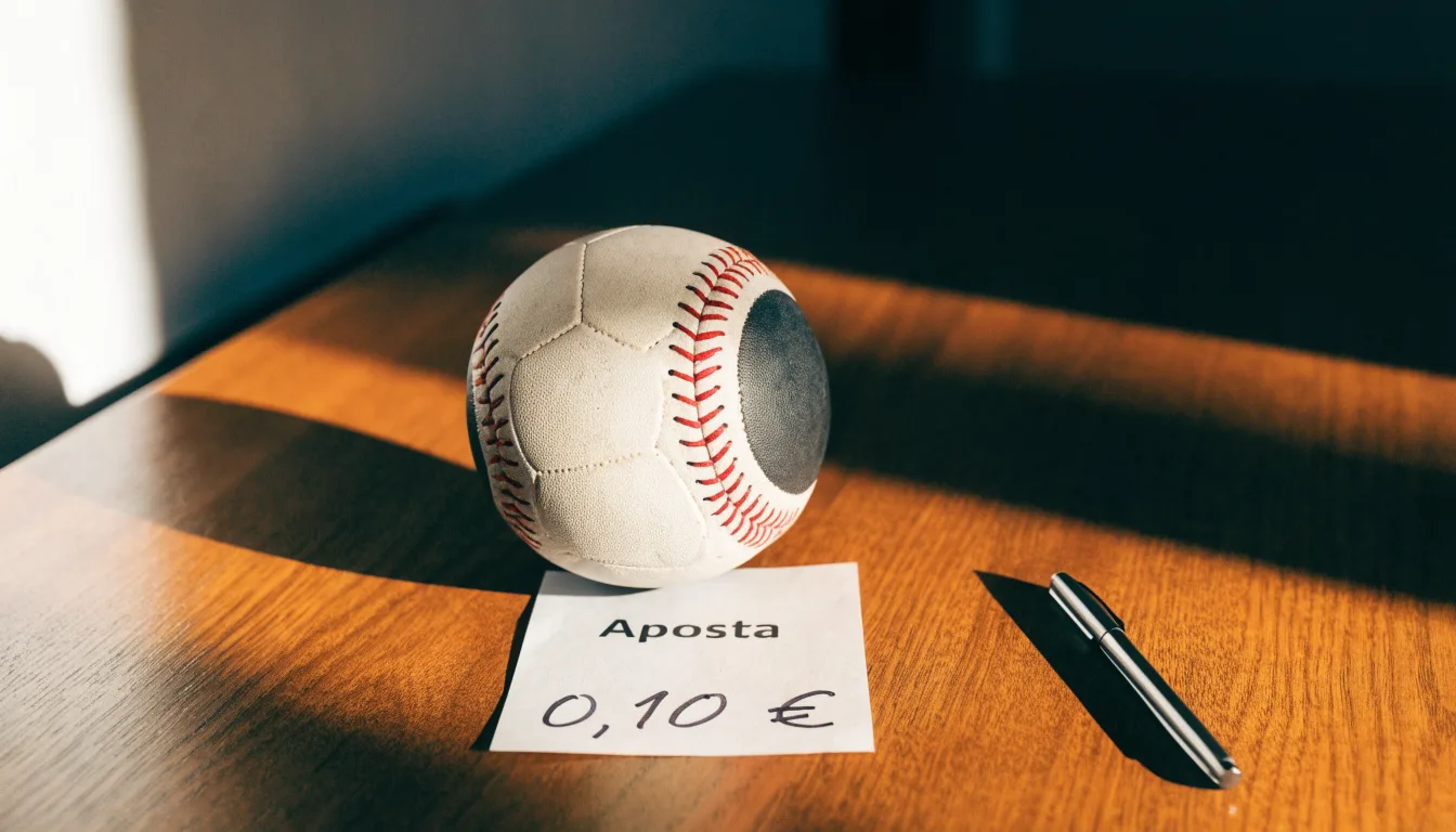 Uma bola de futebol pousada sobre um talão de apostas em branco numa mesa de madeira, à luz do dia