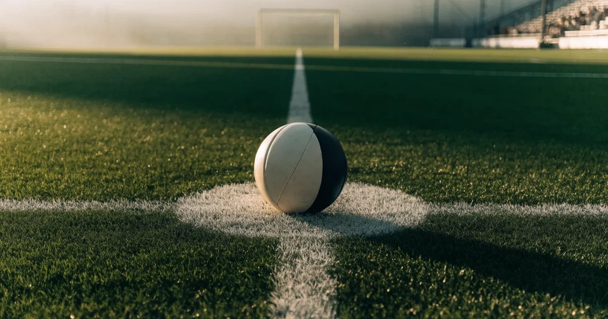 Uma bola de futebol no ponto central de um relvado, à luz da manhã