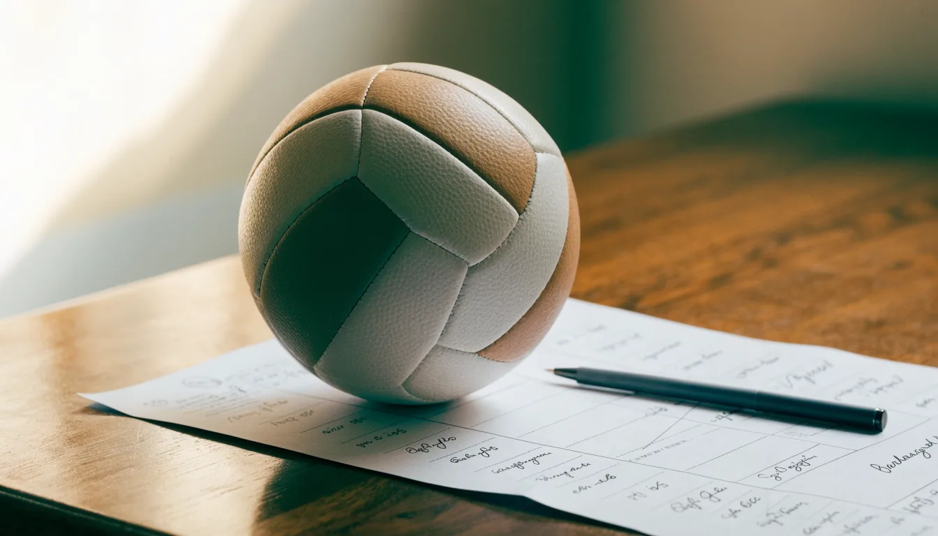 Uma bola de futebol pousada sobre um talão de apostas em branco numa mesa de madeira, à luz do dia