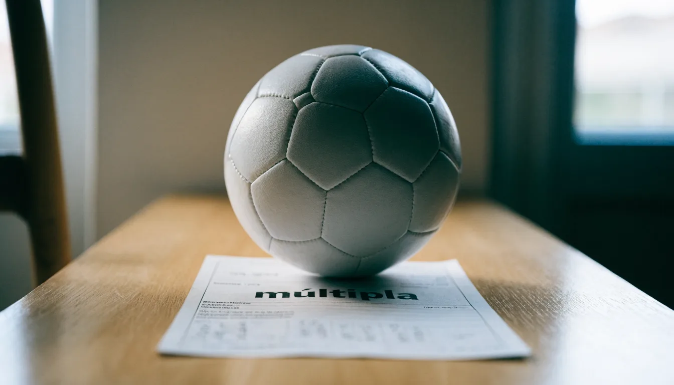 Uma bola de futebol pousada sobre um talão de apostas em branco numa mesa de madeira, à luz do dia
