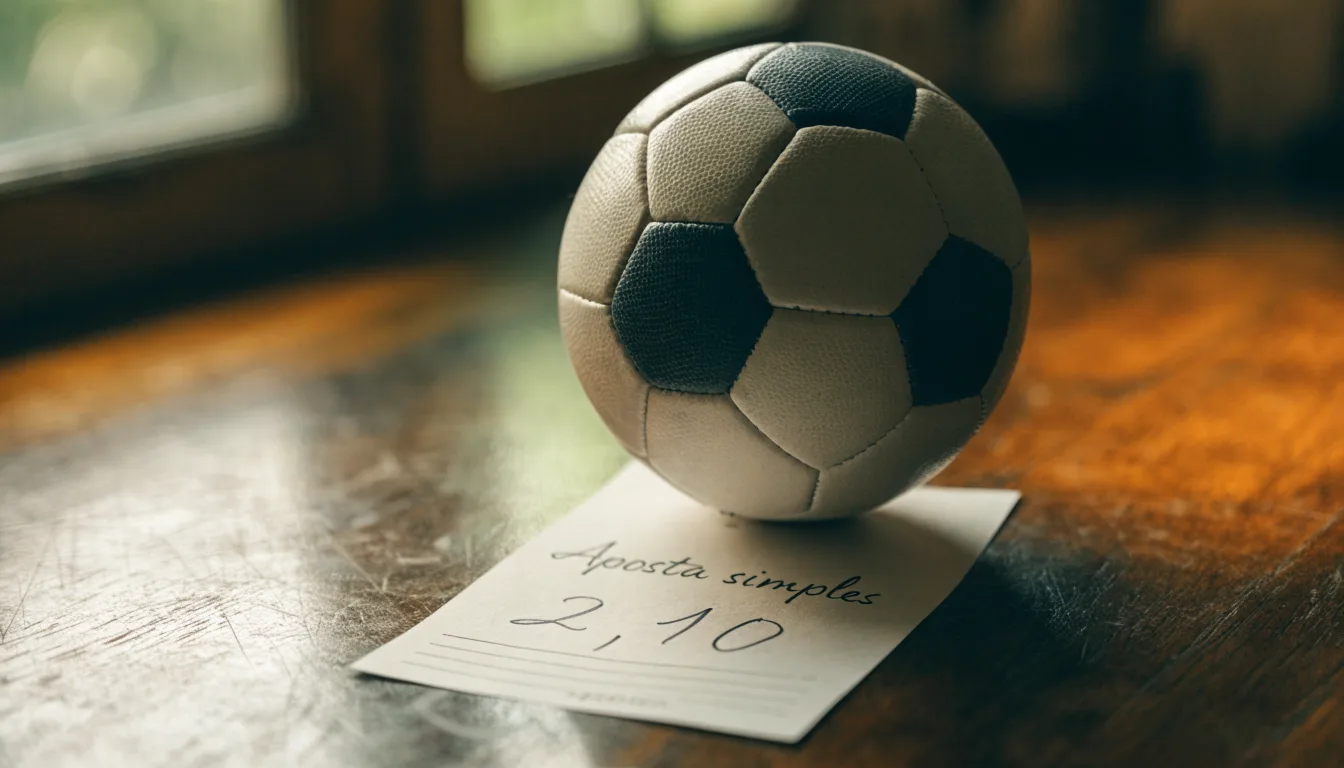 Uma bola de futebol pousada sobre um talão de apostas em branco numa mesa de madeira, à luz do dia