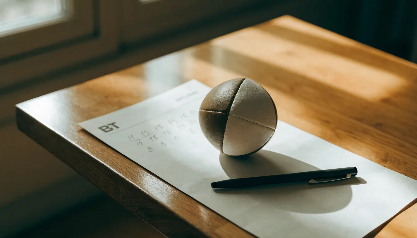Uma bola de futebol pousada sobre um talão de apostas em branco numa mesa de madeira, à luz do dia