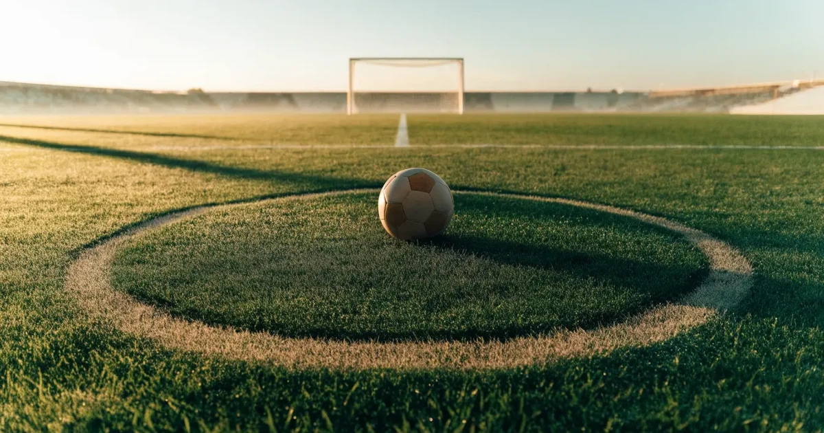 Uma bola de futebol no ponto central de um relvado, à luz da manhã