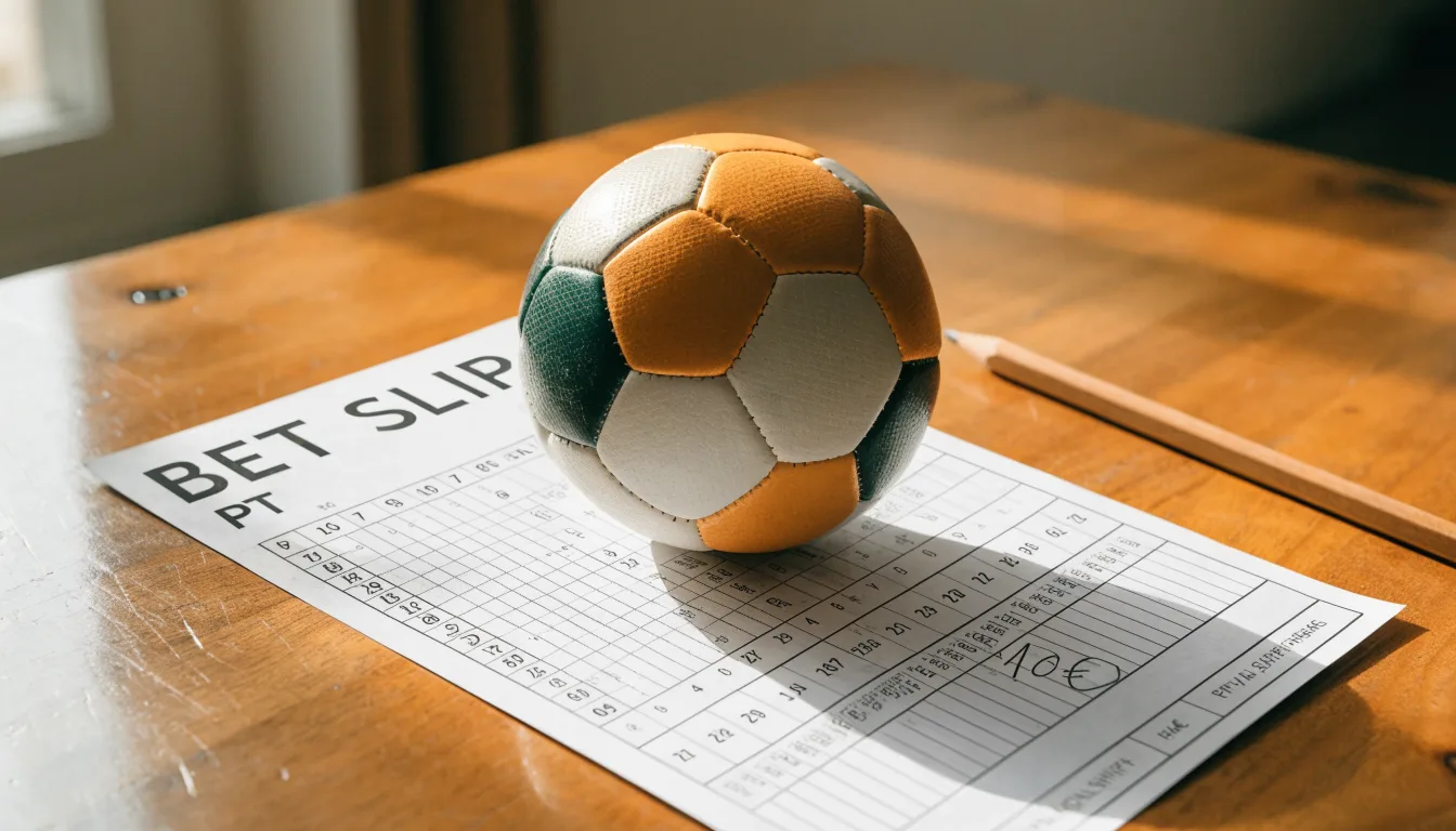 Uma bola de futebol pousada sobre um talão de apostas em branco numa mesa de madeira, à luz do dia