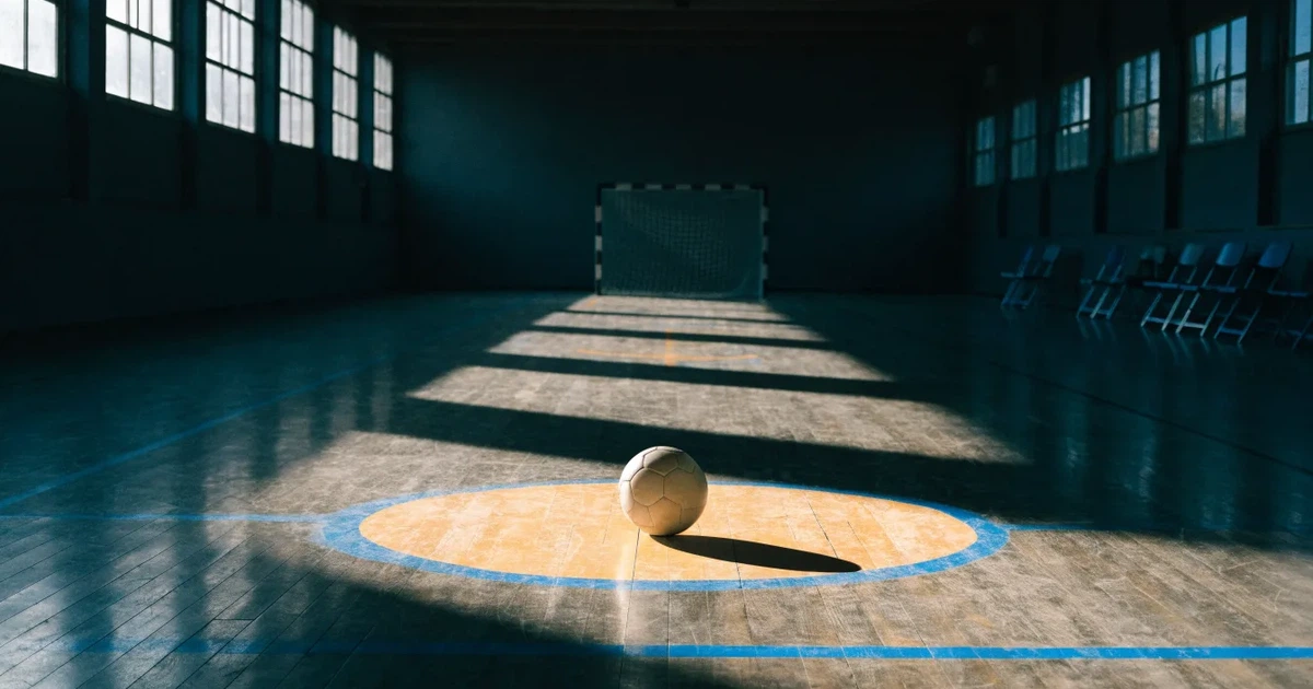 Uma bola de futebol no ponto central de um relvado, à luz da manhã