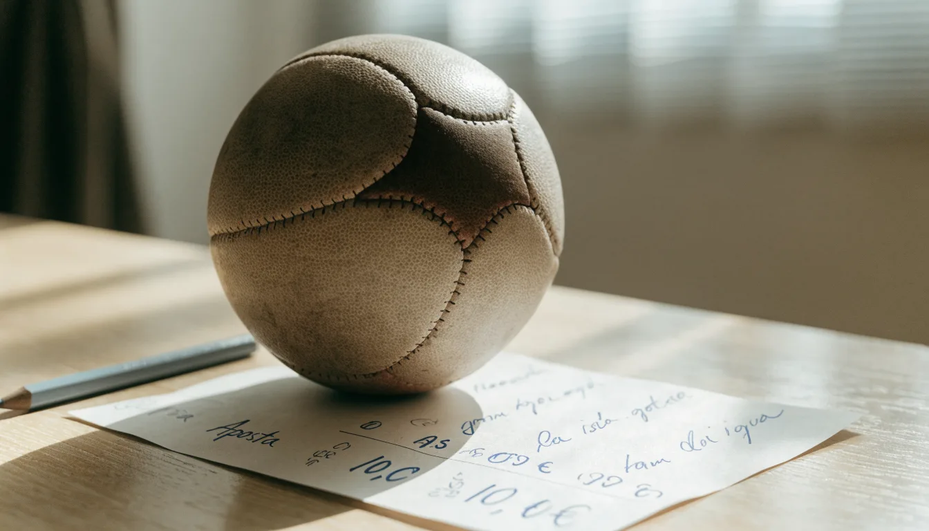 Uma bola de futebol pousada sobre um talão de apostas em branco numa mesa de madeira, à luz do dia