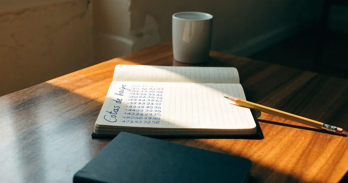 Um caderno aberto com cotas escritas à mão, uma calculadora e um lápis sobre uma mesa de madeira