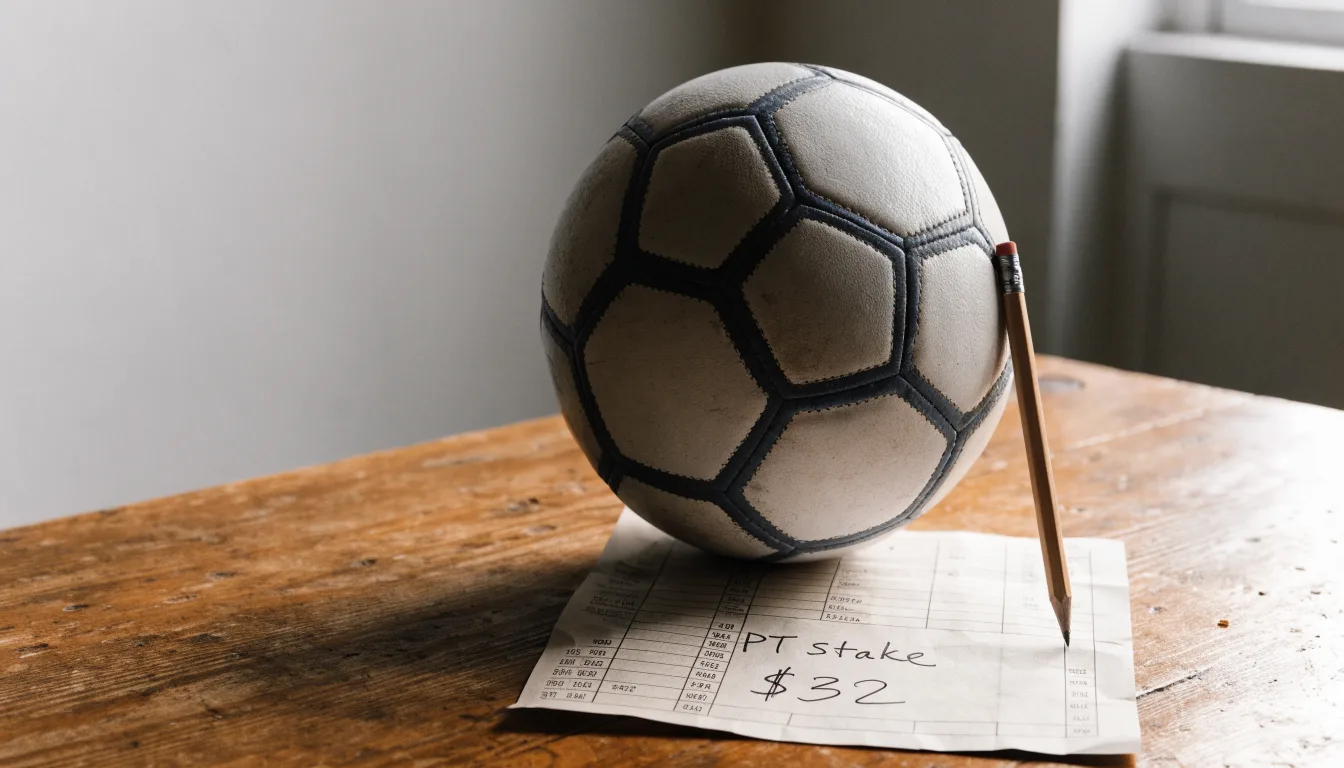 Uma bola de futebol pousada sobre um talão de apostas em branco numa mesa de madeira, à luz do dia