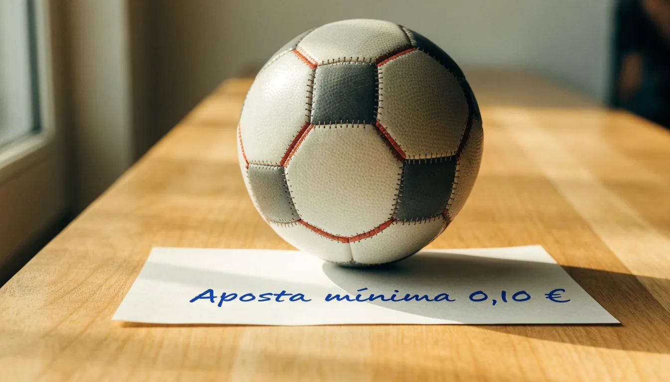 Uma bola de futebol pousada sobre um talão de apostas em branco numa mesa de madeira, à luz do dia