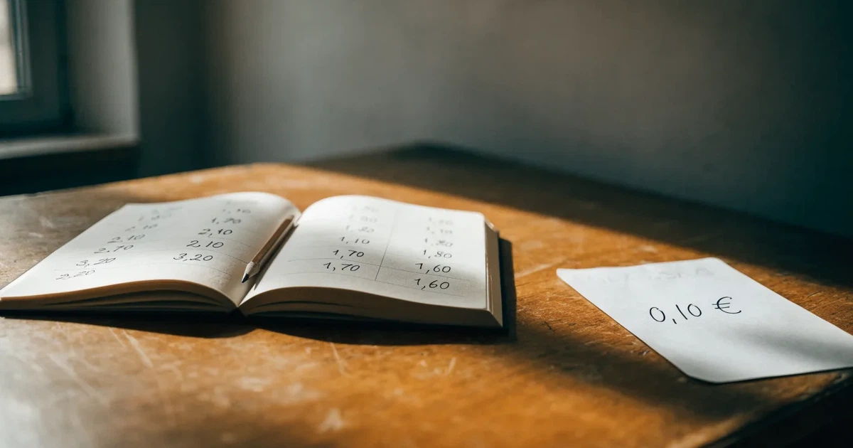 Um caderno aberto com cotas escritas à mão, uma calculadora e um lápis sobre uma mesa de madeira