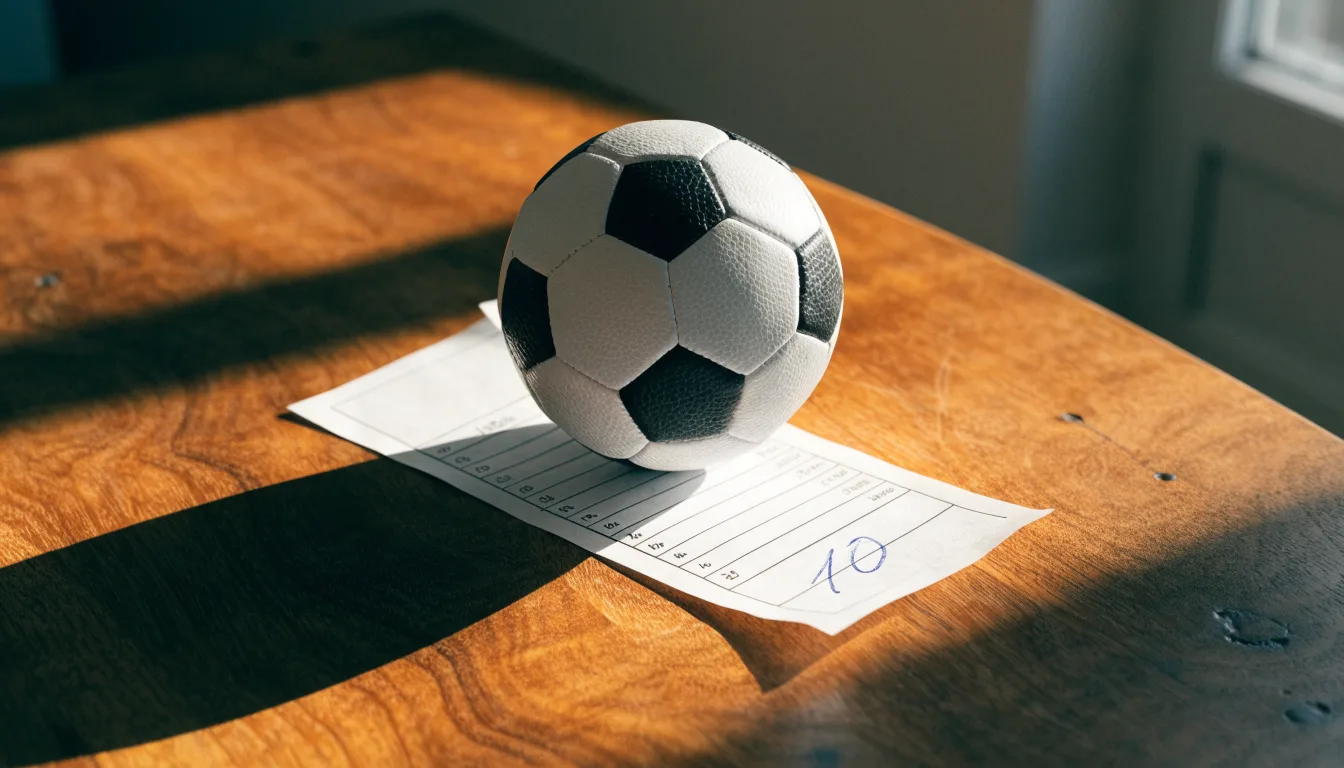 Uma bola de futebol pousada sobre um talão de apostas em branco numa mesa de madeira, à luz do dia