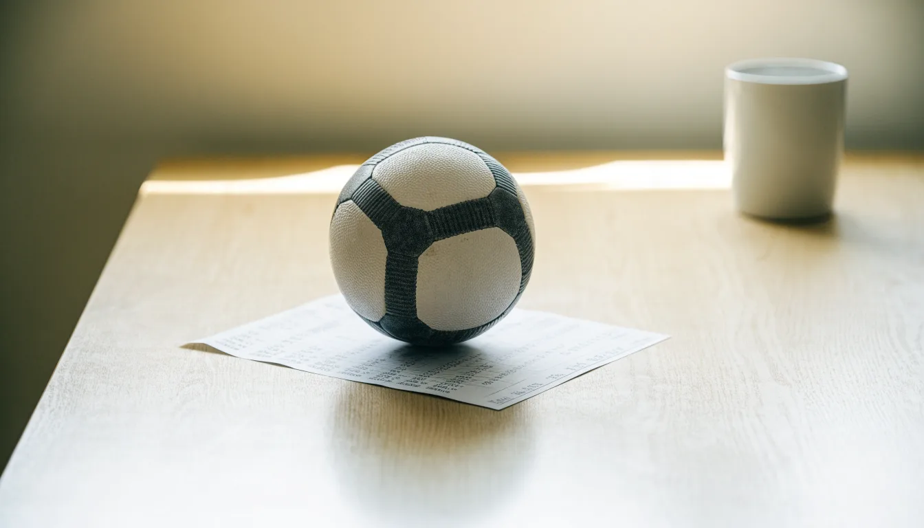 Uma bola de futebol pousada sobre um talão de apostas em branco numa mesa de madeira, à luz do dia
