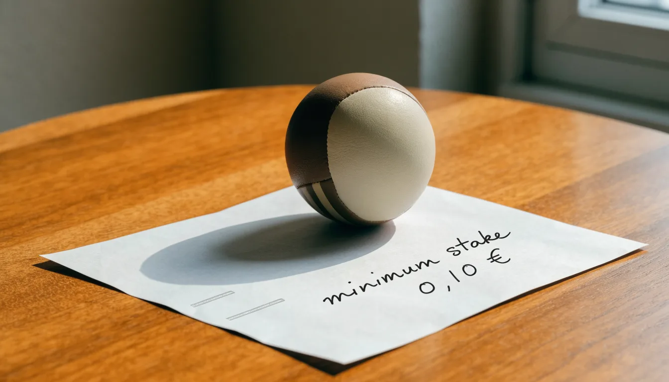 Uma bola de futebol pousada sobre um talão de apostas em branco numa mesa de madeira, à luz do dia