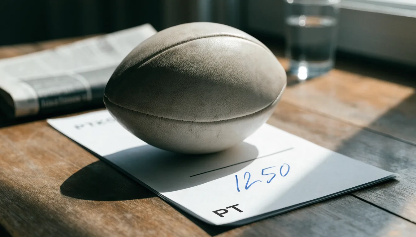 Uma bola de futebol pousada sobre um talão de apostas em branco numa mesa de madeira, à luz do dia
