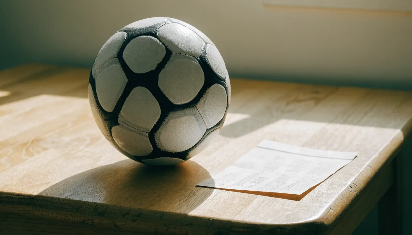 Uma bola de futebol pousada sobre um talão de apostas em branco numa mesa de madeira, à luz do dia