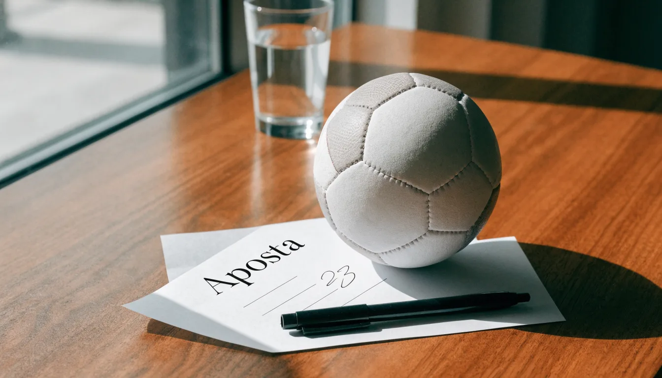 Uma bola de futebol pousada sobre um talão de apostas em branco numa mesa de madeira, à luz do dia