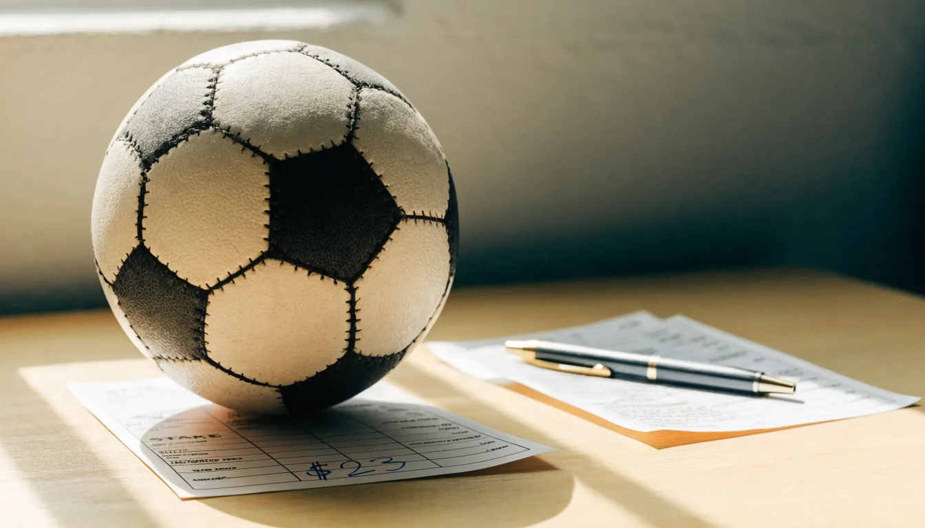 Uma bola de futebol pousada sobre um talão de apostas em branco numa mesa de madeira, à luz do dia