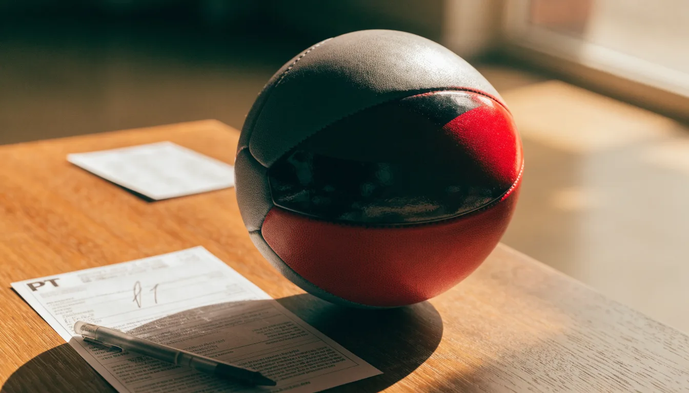 Uma bola de futebol pousada sobre um talão de apostas em branco numa mesa de madeira, à luz do dia