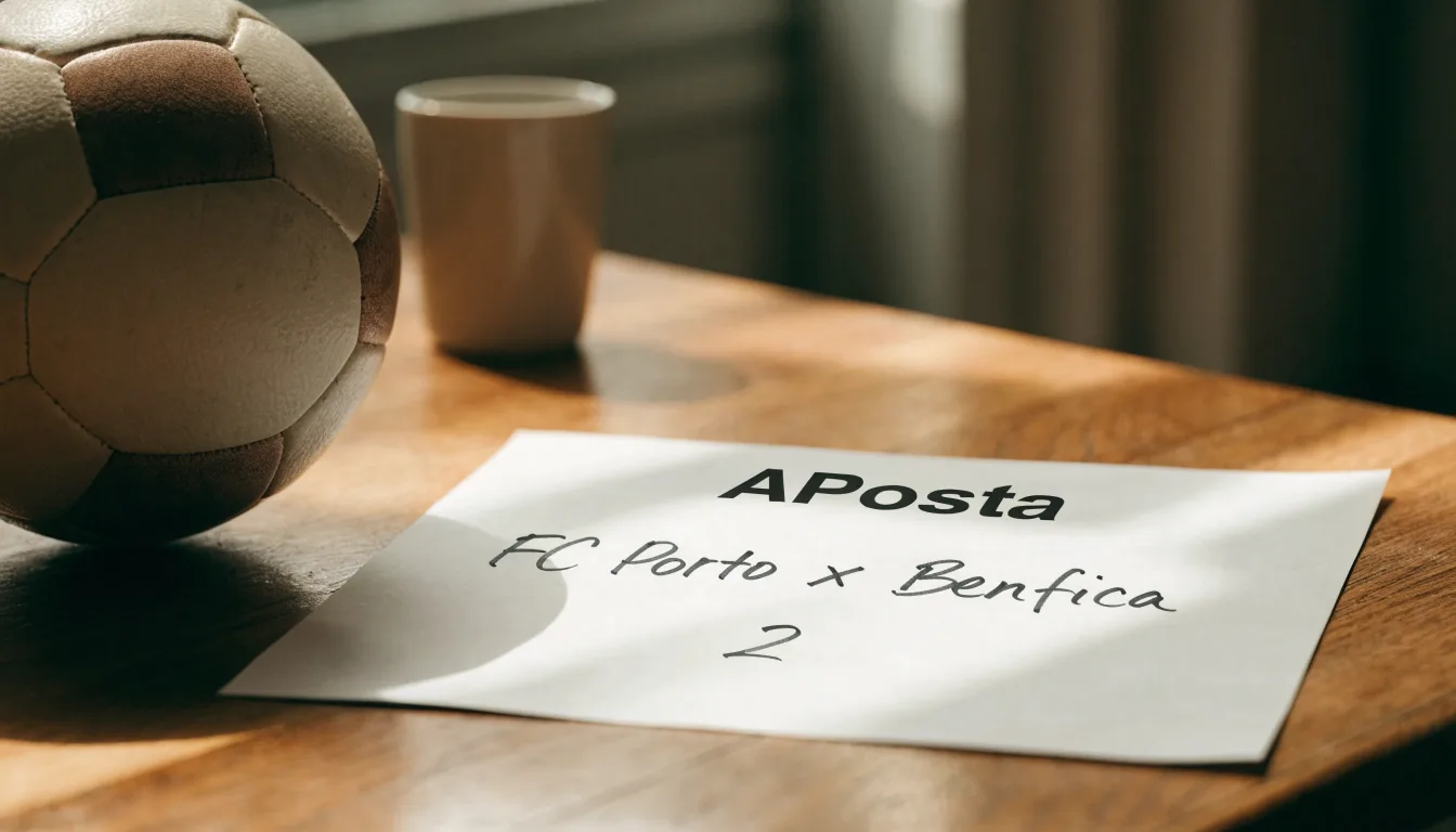 Uma bola de futebol pousada sobre um talão de apostas em branco numa mesa de madeira, à luz do dia