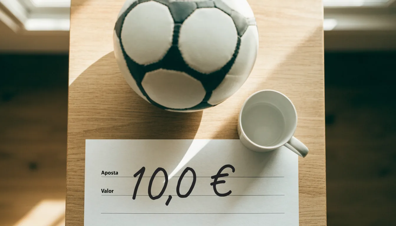Uma bola de futebol pousada sobre um talão de apostas em branco numa mesa de madeira, à luz do dia