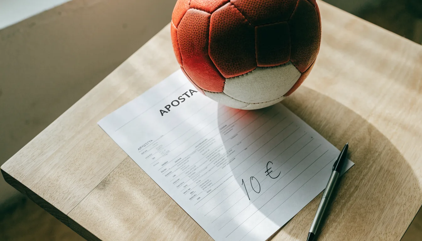 Uma bola de futebol pousada sobre um talão de apostas em branco numa mesa de madeira, à luz do dia