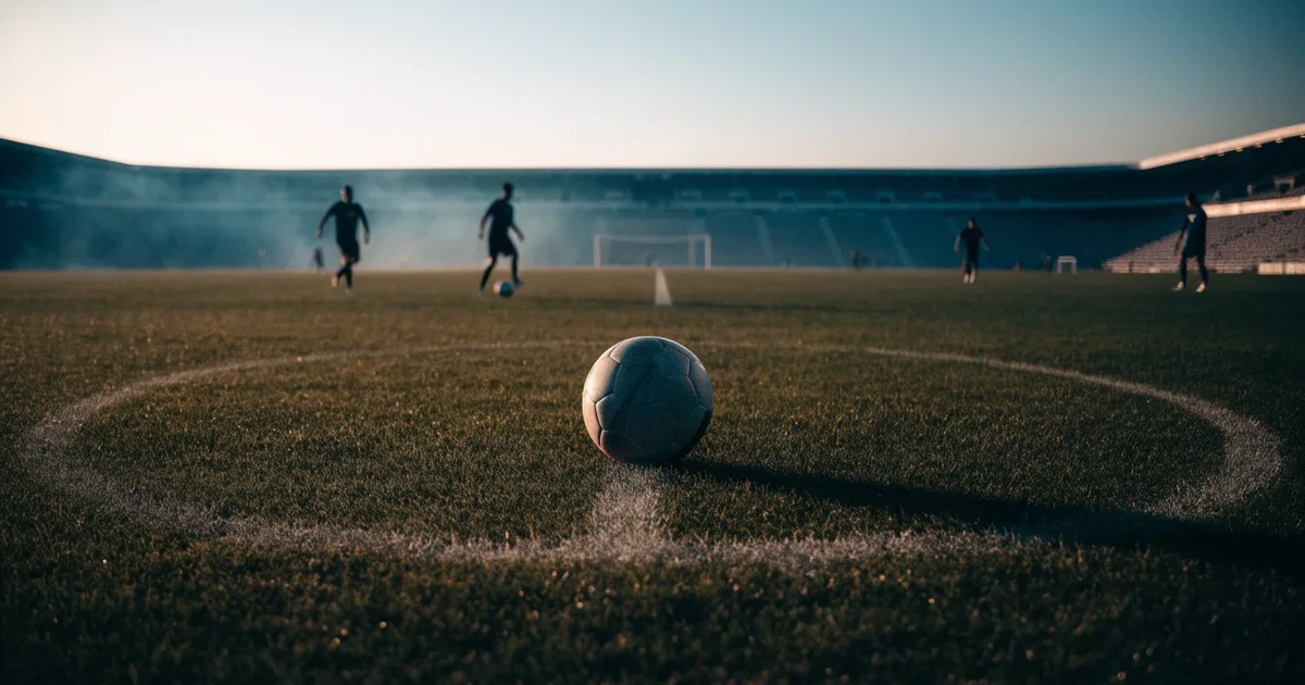 Uma bola de futebol no ponto central de um relvado, à luz da manhã